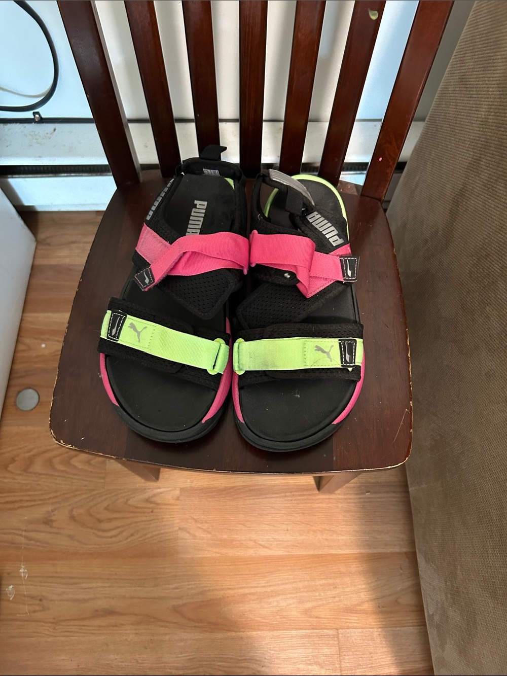 PUMA Kids' Black Sandals with Pink and Lime Straps